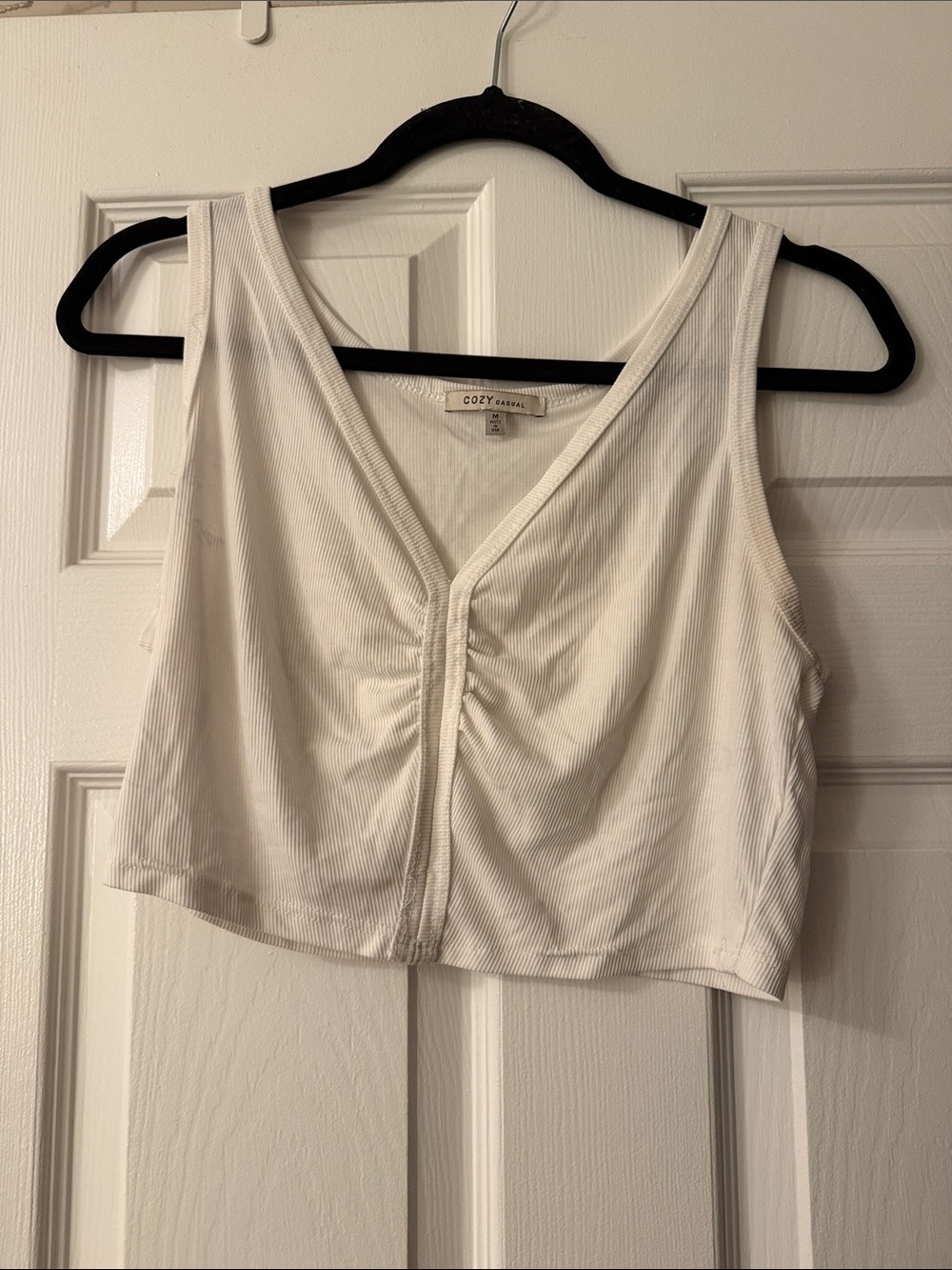 Cozy Casual Cream V-Neck Ruched Ribbed Crop Tank